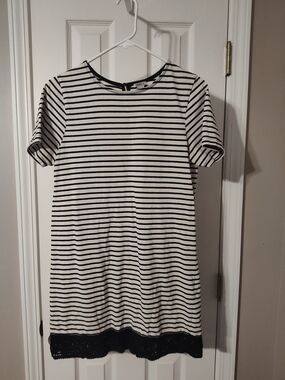 Forever 21 Black and White Striped Mini Dress with Lace Trim